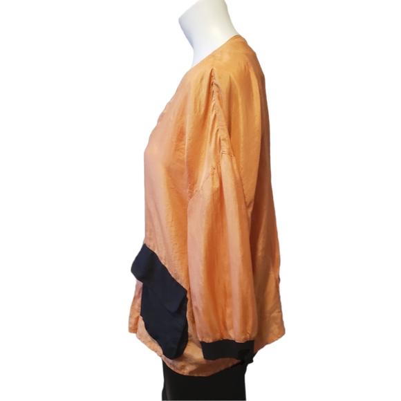 Vintage Feeling Fame small oversized dolman 3/4 sleeve block v-neck silk Shirt - Picture 5 of 15